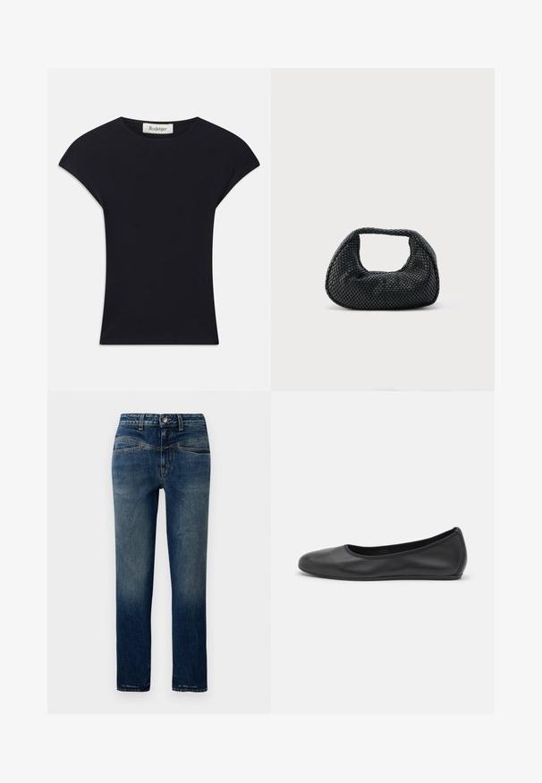 Zwarte korte mouwen top van zacht stof, met een ronde halslijn en een aansluitende vorm met subtiele schouderaccenten. Etiket zichtbaar.; Donkerblauwe denim jeans met een rechte snit, voorzien van lichte vervaging, oranje stiksels en een knoopsluiting in de taille.; Zwarte leren ballerina met een ronde neus, gladde textuur, minimale stikdetails en een flexibele zoolontwerp.; Zwarte geweven hobo-tas met een zachte structuur en geïntegreerd handvat, weergegeven op een effen lichte achtergrond.