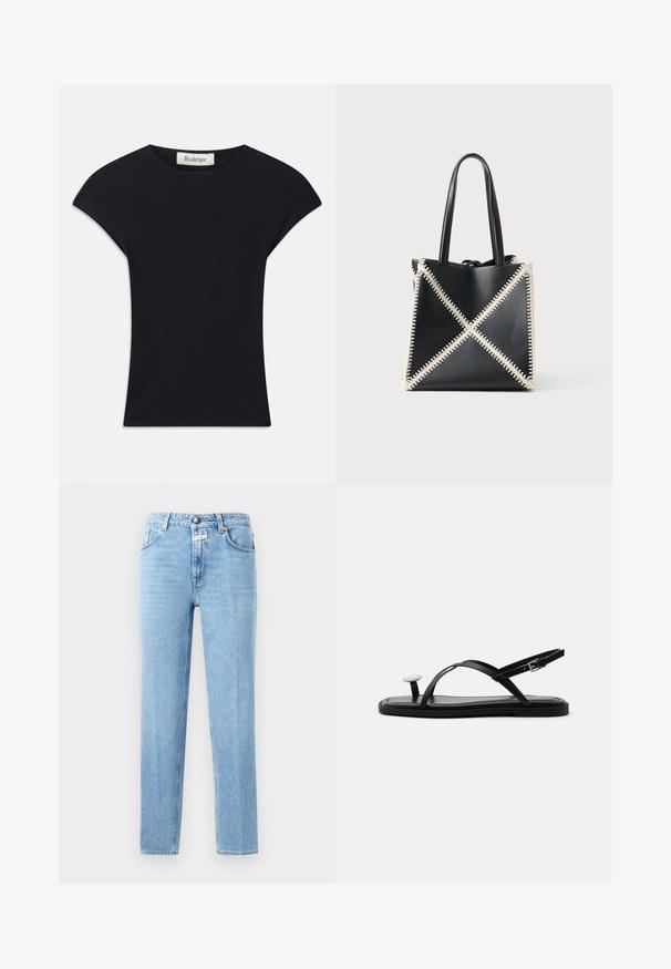 Schwarzes Kurzarmoberteil aus weichem Stoff, mit einem runden Ausschnitt und einer figurbetonten Form, die subtile Schulterakzente setzt. Etikett sichtbar.; Hellblaue Denim-Jeans mit geradem Schnitt, Fünf-Taschen-Design und Metalldruckknopfverschluss. Strukturierter Stoff mit minimaler Verbleichung.; Schwarze flache Sandale mit dünnen gekreuzten Riemen, Knöchelverschluss und einer großen runden weißen perlenähnlichen Verzierung über dem Zehensteg.; Schwarze Leder-Tote mit cremefarbener Steppnaht, die ein X-Muster bildet. Verfügt über zwei schwarze Griffe und hat eine ungeformte Form.