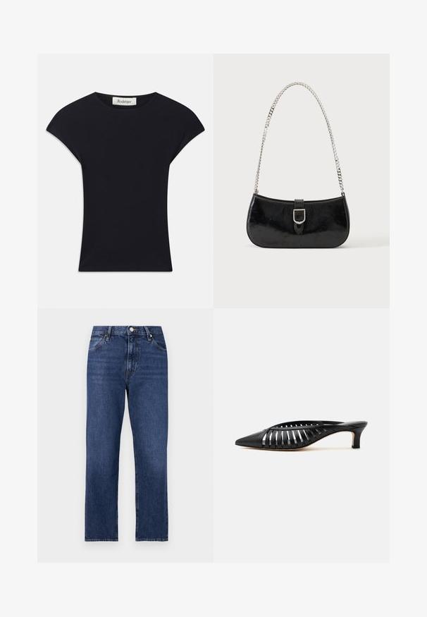 Sort kortærmet top lavet af blødt stof, med rund halsudskæring og en tætsiddende form med diskrete skulderdetaljer. Mærke synligt.; Denim jeans i en mørkeblå vask. Lige ben-design med fem-lomme stil, front lukning med knap og kontrasterende syning.; Sort læder mule med spids snude, stropdetalje og lav kittenhælk på hvid baggrund.; Sort skuldertaske i laklæder med sølv spænde og sølv kæderem, vist mod en ensartet lys baggrund.