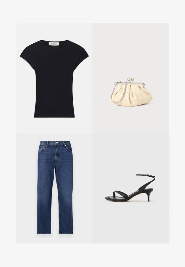 Sort kortærmet top lavet af blødt stof, med rund halsudskæring og en tætsiddende form med diskrete skulderdetaljer. Mærke synligt.; Denim jeans i en mørkeblå vask. Lige ben-design med fem-lomme stil, front lukning med knap og kontrasterende syning.; Sort damesandal i læder med tynde remme, en tå-loop, ankelspænde og en mellemhøj stiletthæl på en neutral baggrund.; Plisseret beige læderclutch med en sølvmetalramme, der har to runde dekorative låse og en sølvkædetrasporte.