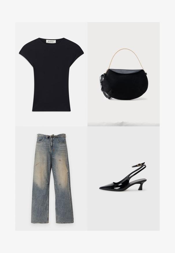 Zwarte korte mouwen top van zacht stof, met een ronde halslijn en een aansluitende vorm met subtiele schouderaccenten. Etiket zichtbaar.; Lichtblauwe denim jeans met een losse, recht gesneden pasvorm. Voorzien van slijtageplekken, vervaging en distressed details bij de knieën. Klassiek five-pocket ontwerp.; Zwarte gepatineerde leren slingback hakken met een puntige neus, lage blokhak en een verstelbare enkelband met een gouden gespsluiting.; Zwart handtas in halve maanvorm met glad leren klep, gouden kettinghandvat en verstelbare zwarte leren riem, geplaatst op een witte achtergrond.