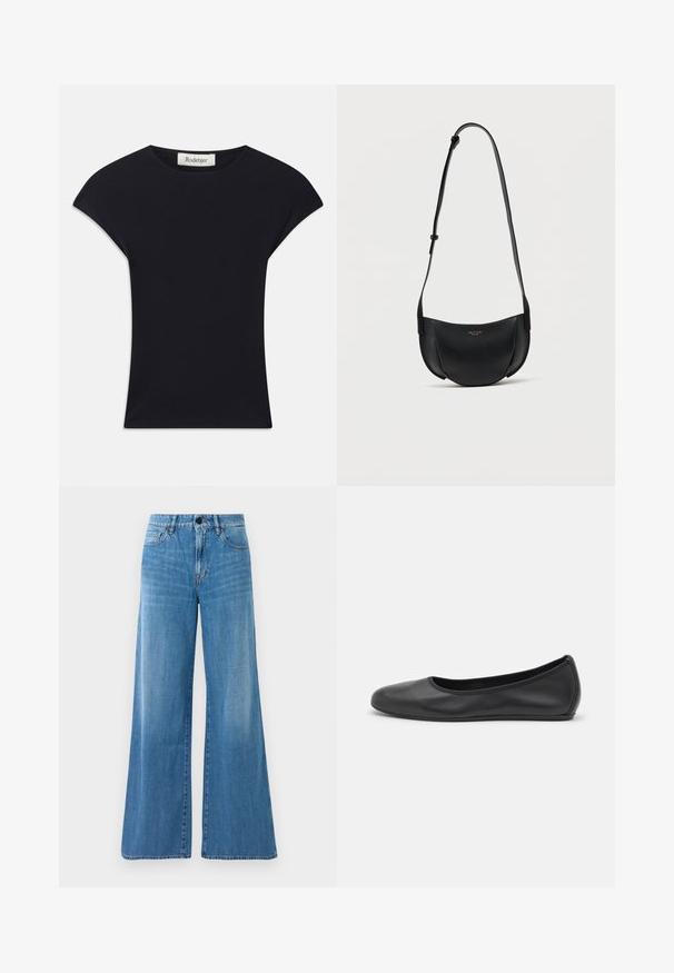 Haut noir à manches courtes en tissu doux, avec un col rond et une coupe ajustée, ornée de légers accents d'épaule. Étiquette visible.; Jeans en denim bleu taille haute avec une coupe large, fermeture à bouton à l'avant, fermeture éclair et poches avant et arrière.; Ballerines en cuir noir avec un bout rond, texture lisse, détails de couture minimalistes et design de semelle flexible.; Sac bandoulière en cuir noir en forme de croissant avec bandoulière réglable et petit logo doré au centre avant.