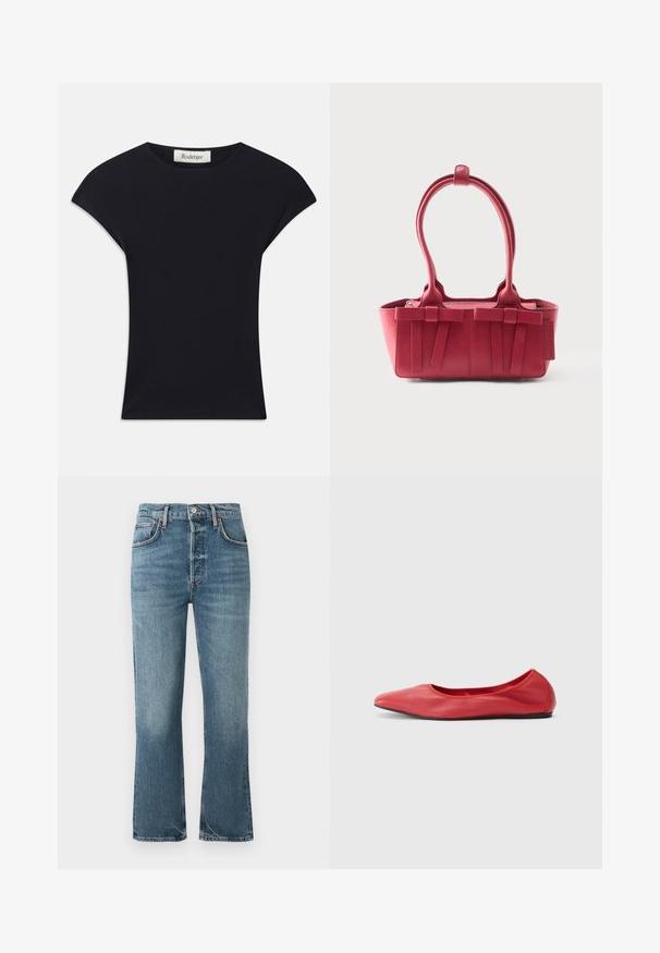 Zwarte korte mouwen top van zacht stof, met een ronde halslijn en een aansluitende vorm met subtiele schouderaccenten. Etiket zichtbaar.; Lichtblauwe denim jeans met een hoge taille, recht gesneden pijpen en subtiele vervaging. Kenmerken zijn klassieke vijf-pocket styling en een metalen knoopsluiting.; Filippa K REY FLATS - Ballerina's - bright red; Rode leren handtas met twee bovenhandvatten, decoratieve strikken aan de voorkant en een label aan de zijkant tegen een witte achtergrond.