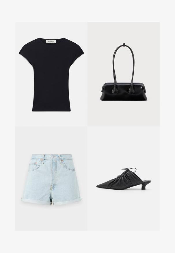 Haut noir à manches courtes en tissu doux, avec un col rond et une coupe ajustée, ornée de légers accents d'épaule. Étiquette visible.; Shorts en denim bleu clair à taille haute, avec des ourlets retroussés, des rivets en cuivre et une fermeture éclair à l'avant. Présente un style classique à cinq poches.; Mules noirs en cuir à enfiler avec un bout pointu, une texture froncée et un petit talon aiguille. Présente un détail à cordon au niveau de l'ouverture.; Sac à main en cuir noir avec deux poignées allongées, une texture lisse et une base arrondie, ornée d'accents décoratifs sur les côtés.