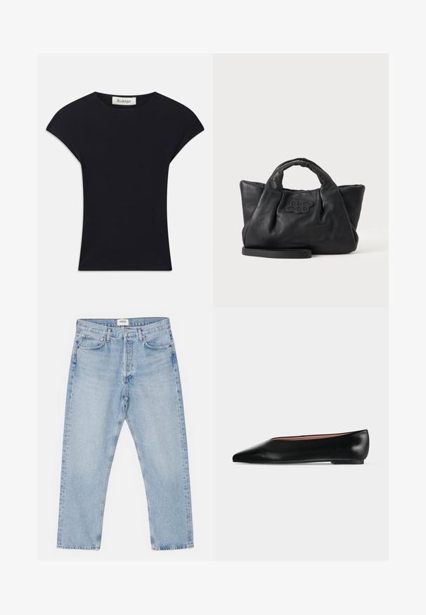 Zwarte korte mouwen top van zacht stof, met een ronde halslijn en een aansluitende vorm met subtiele schouderaccenten. Etiket zichtbaar.; Lichtblauwe denim jeans met een klassieke rechte pasvorm, vijf zakken en een knoopsluiting, met subtiele vervaging en een stevige textuur.; Zwarte leren damesschoen met platte zool, puntige neus en lage hak, zijwaarts afgebeeld tegen een effen lichtgrijze achtergrond.; Zwarte zachte leren handtas met korte handvatten, een afneembare riem en een gestikt logo aan de voorkant, op een effen lichte achtergrond.