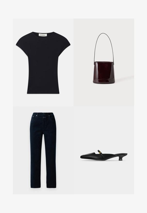 Haut noir à manches courtes en tissu doux, avec un col rond et une coupe ajustée, ornée de légers accents d'épaule. Étiquette visible.; Pantalons en velours côtelé bleu marine avec une coupe droite, dotés de poches avant, d'une fermeture éclair et de boutons en métal sur la taille.; Mule noire à bout pointu avec petit talon kitten et fine bride sur le cou-de-pied ornée d’un petit bouton doré.; Sac seau brun foncé brillant avec une longue sangle fine et des coutures visibles minimales sur un fond clair.