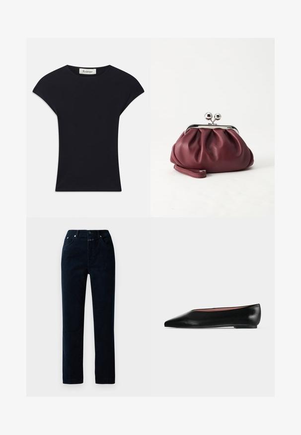 Top negro de manga corta hecho de una tela suave, con un escote redondeado y una forma ajustada con sutiles acentos en los hombros. Etiqueta visible.; Pantalones de pana en color navy con un diseño de pierna recta, que cuentan con bolsillos frontales, cremallera y detalles de botón metálico en la cinturilla.; Zapato plano negro de cuero para mujer con punta puntiaguda y tacón bajo, mostrado de lado sobre un fondo liso gris claro.; Pequeño bolso de mano de cuero burdeos con cierre metálico plateado y correa de muñeca sobre un fondo blanco.