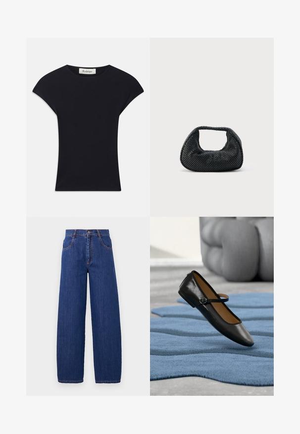 Schwarzes Kurzarmoberteil aus weichem Stoff, mit einem runden Ausschnitt und einer figurbetonten Form, die subtile Schulterakzente setzt. Etikett sichtbar.; Weite blaue Denim-Jeans mit hoher Taille, vorne mit Taschen und orangefarbener Naht. Der Stoff hat eine glatte Textur mit einem klassischen Finish.; Schwarzer Mary-Jane-Schuh aus Leder mit Schnallenriemen, präsentiert auf einem strukturierten blauen Teppich, mit einem unscharfen grauen, gepolsterten Sofa im Hintergrund.; Schwarze gewebte Hobo-Tasche mit weicher Struktur und integriertem Griff, dargestellt vor einem schlichten hellen Hintergrund.