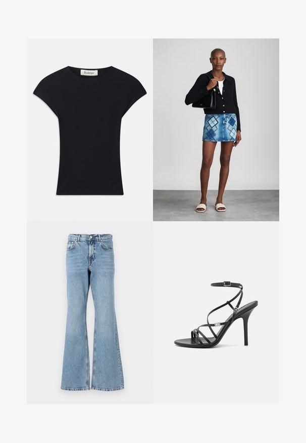 Sort kortærmet top lavet af blødt stof, med rund halsudskæring og en tætsiddende form med diskrete skulderdetaljer. Mærke synligt.; Lys blå denim flared jeans med høj talje, featuring knaplukning, fem lommer og en falmet vask med subtile whiskers.; Sort højhælet sandal med tynde stropper, en ankelspænde, en glat læderoverflade og en slank stilethæl.; Sort striktrøje, hvid top, denimnederdel med blå og sort diamantmønster, sort håndtaske og beige slidesandaler.