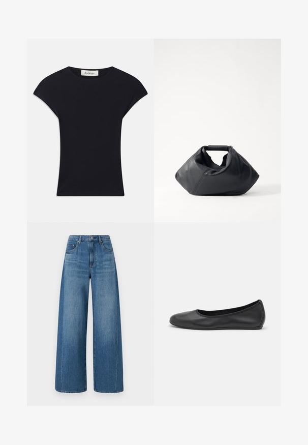 Top negro de manga corta hecho de una tela suave, con un escote redondeado y una forma ajustada con sutiles acentos en los hombros. Etiqueta visible.; Pantalones vaqueros de pierna ancha de color azul con un lavado medio, que presentan una cintura alta, cinco bolsillos y un sutil desgaste. Hechos de denim con una textura suave.; Bailarina de piel negra con punta redondeada, textura suave, detalle de costura minimalista y diseño de suela flexible.; Bolso de cuero negro con un exterior texturizado, forma arrugada única y un asa corta. Presenta un único compartimento principal.