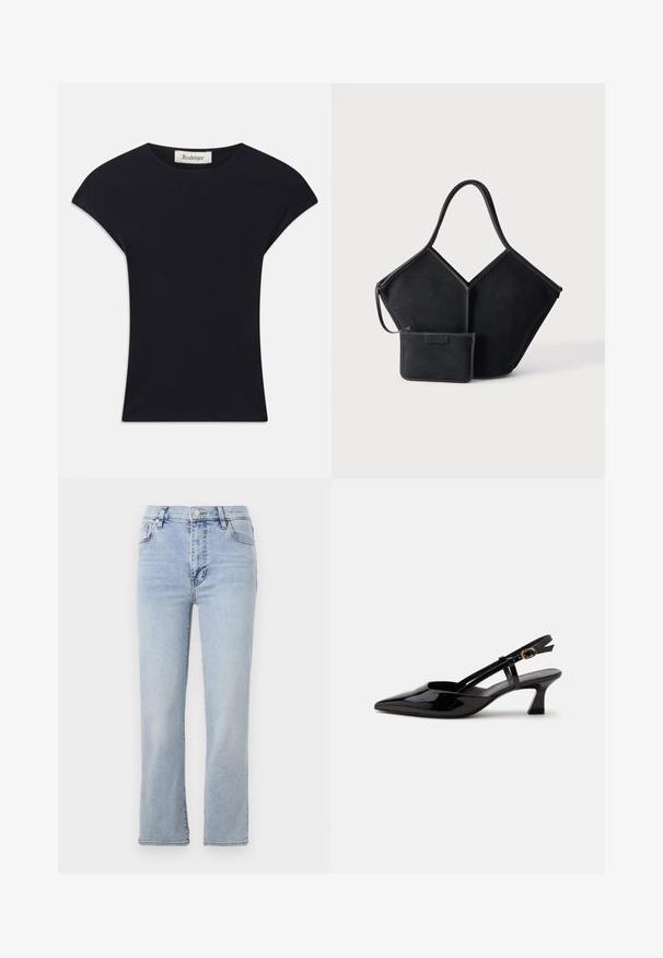 Schwarzes Kurzarmoberteil aus weichem Stoff, mit einem runden Ausschnitt und einer figurbetonten Form, die subtile Schulterakzente setzt. Etikett sichtbar.; Hellblaue Jeans aus Denim mit geradem Bein, fünf Taschen, einem Knopf- und Reißverschluss sowie sichtbaren Nahtdetails.; Schwarzer Slingback-Pumps aus Lackleder mit spitzer Spitze und verstellbarem goldfarbenem Riemen auf weißem Hintergrund.; Schwarze geometrische Tragetasche mit einem breiten Einzelgriff und passender kleiner Reißverschlusstasche befestigt, vor einem schlichten hellen Hintergrund.