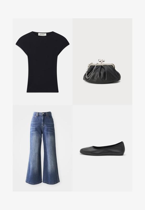 Haut noir à manches courtes en tissu doux, avec un col rond et une coupe ajustée, ornée de légers accents d'épaule. Étiquette visible.; Jean en denim à jambe large dans un bleu moyen, présentant une taille haute, un design à cinq poches et des coutures contrastées le long des ourlets et des côtés.; Ballerines en cuir noir avec un bout rond, texture lisse, détails de couture minimalistes et design de semelle flexible.; Porte-monnaie en cuir noir avec texture froncée, cadre en métal argenté, fermeture à verrouillage kiss-lock et bandoulière en chaîne. Surface lisse et douce.