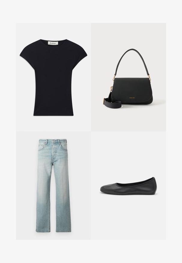Must have lühikeste varrukate ja pehme riidega must topp, millel on ümar kaelus ja sobiv kuju koos peente õlavarre aktsentidega. Silt on nähtav.; Heledad denim teksad, otse jalgadega kujundusega, kõrge vöökoht, eesmine taskud ja pleekinud tekstuur. Lõpetatud peene tikandiga vöökohaga.; Musthave mustika tantsutossud mustast nahast, ümmarguse varbaga, siledast tekstuurist, minimaalse õmblusdetailiga ja paindliku tallakujundusega.; Mustast nahast õlakott kõverusega klapiga, kuldse tooniga detailide, reguleeritava kangast risti kandmise rihmaga ja väikese Michael Korsi logoga.