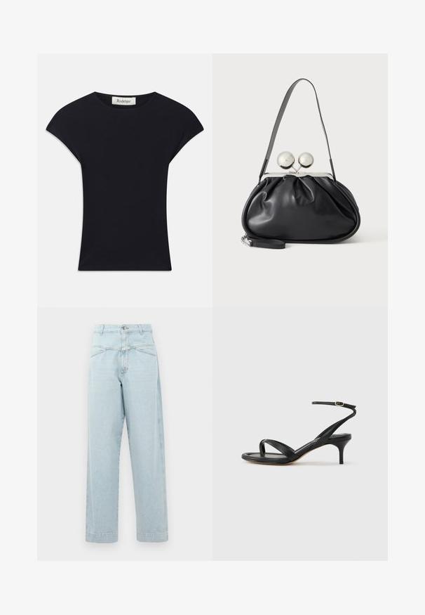 Zwarte korte mouwen top van zacht stof, met een ronde halslijn en een aansluitende vorm met subtiele schouderaccenten. Etiket zichtbaar.; Lichtblauwe high-waisted jeans met een recht gesneden ontwerp, voorzien van subtiele stiksels, twee vo pockets en een metalen knoopsluiting.; Zwarte leren dames sandaal met dunne bandjes, een teengreep, een enkelgesp en een stilettohak van gemiddelde hoogte op een neutrale achtergrond.; Zwarte leren handtas met een geplooid ontwerp, een enkele schouderband, zilverkleurige metalen omlijsting en twee grote ronde zilveren sluitingen.
