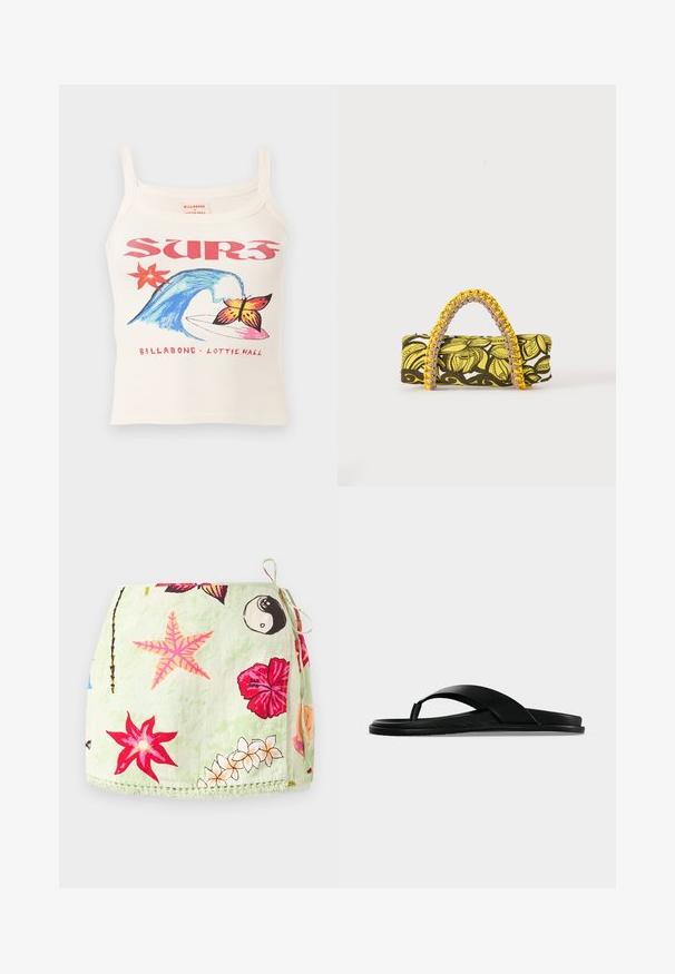 Débardeur blanc avec texte rouge "SURF", vague bleue, étoile de mer orange, papillon sur une planche de surf et marquage "Billabong x Lottie Hall".; Jupe portefeuille vert clair avec lien sur le côté, ornée d’imprimés d’étoiles de mer roses, de fleurs d’hibiscus rouges, de plumerias blancs et du symbole yin-yang.; Sandale plate noire avec une bride entre les orteils et une large bande traversant le pied, vue de profil sur un fond uni.; Sac rectangulaire avec motif floral jaune et noir et anse tressée jaune et rose sur fond blanc.
