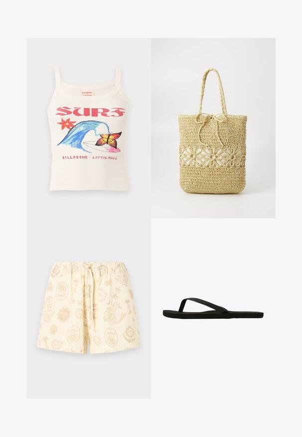 Witte tanktop met rode "SURF" tekst, blauwe golf, oranje zeester, vlinder op een surfplank en "Billabong x Lottie Hall" branding.; Crèmekleurige korte broek met elastische taille en trekkoord, versierd met beige abstracte zon-, maan-, schelp- en zeemeerminnenpatronen.; Zwarte flip-flops met een gestructureerde band en platte zool. De band heeft een subtiele glans. Eenvoudig ontwerp, lichtgewicht en flexibele vorm.; Becksöndergaard WAFTED FAUNA BAG - Shopper - light nature