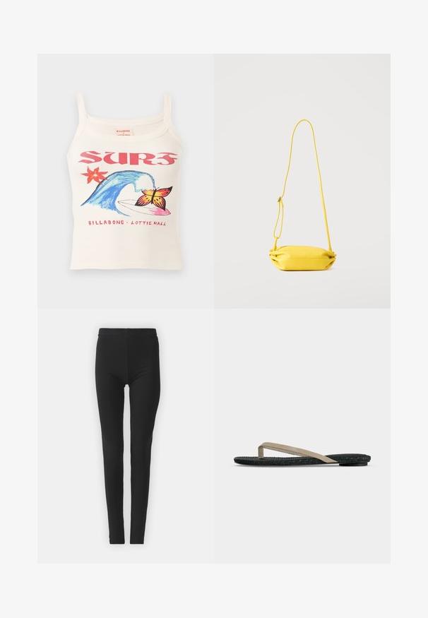 Camiseta sin mangas blanca con texto rojo "SURF", ola azul, estrella de mar naranja, mariposa sobre una tabla de surf y la marca "Billabong x Lottie Hall".; Leggings negros y elásticos con un ajuste ceñido, que cuentan con una cintura alta y una textura suave. Sin patrones visibles ni detalles de hardware.; Sandalia plana negra con suela texturizada y una tira beige entre los dedos, mostrada de lado sobre un fondo claro y liso.; Bolso bandolera amarillo con correa fina ajustable, estructura suave y cierre de cremallera, mostrado sobre un fondo liso y claro.