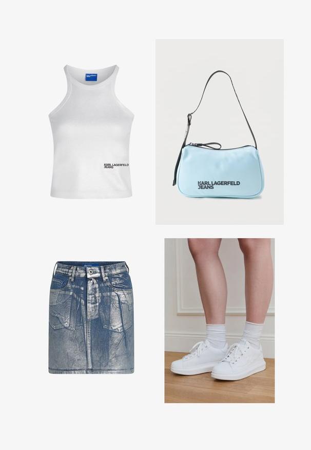Λευκό αμάνικο crop top με ψηλό λαιμό και λογότυπο "Karl Lagerfeld Jeans" κάτω δεξιά μπροστά.; Τζιν μίνι φούστα σε ανοιχτό μπλε χρώμα με φθαρμένη υφή. Διαθέτει μπροστινές τσέπες, θηλάκια ζώνης και κλείσιμο με μεταλλικό κουμπί. Ορατές λεπτομέρειες ραφής.; Πόδια με λευκές κάλτσες αστραγάλου και λευκά αθλητικά κορδόνια που στέκονται σε ξύλινο πάτωμα έναντι κρεμ πάνελ τοίχου.; Φωτεινό γαλάζιο τσάντα ώμου Karl Lagerfeld Jeans με μαύρο ρυθμιζόμενο λουράκι και μαύρο φερμουάρ σε λευκό φόντο.