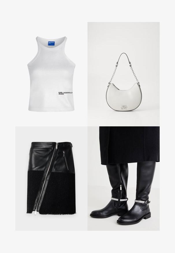 Hvid ærmeløs crop top med høj hals og "Karl Lagerfeld Jeans" logo nederst til højre foran.; Sort nederdel der kombinerer læder og struktureret stof. Har en diagonal lynlås, to sidelommer med lynlås og en frynset kant forneden.; Sorte læderknæhøje støvler med en sidelukning, der har et sølvfarvet accentbånd om anklen og en lav blokhæl.; Hvid læderhåndtaske med en buet form, sorte detaljer og en sølv kædetraspen. Har en lynlås lukning og præget logo på fronten.