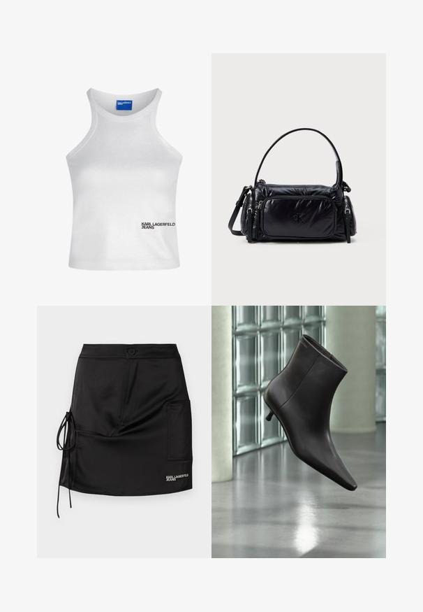 Witte mouwloze crop top met hoge nek en het "Karl Lagerfeld Jeans" logo op de onderzijde rechts voor.; Zwarte satijnen minirok met knoopsluiting, zijstrikdetail en een patchzak met "KARL LAGERFELD JEANS" branding.; Zwarte leren enkellaars met puntige neus en lage hak, afgebeeld tegen een glazen blokkenmuur en gepolijste vloer op de achtergrond.; Zwarte nylon handtas met een puffy design, ronde schouderband, een voorzak met rits en een subtiel logo dat op de voorkant is gedrukt.