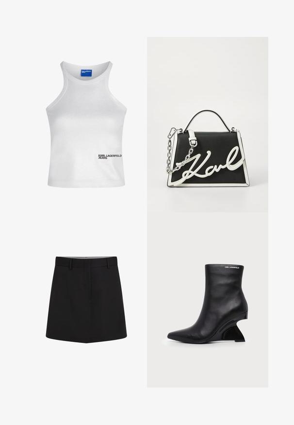 Débardeur blanc sans manches avec col montant et logo "Karl Lagerfeld Jeans" en bas à droite devant.; Shorts noirs en tissu lisse, présentant un design ajusté avec une taille plate et des poches latérales. Silhouette épurée et minimaliste.; Bottine en cuir noir avec talon sculpté incurvé et logo Karl Lagerfeld près du bord supérieur sur fond blanc.; Sac à main en cuir noir avec des accents blancs. Dispose d'une bandoulière en chaîne, d'une forme structurée et d'un logo blanc bien en vue. Texture lisse.