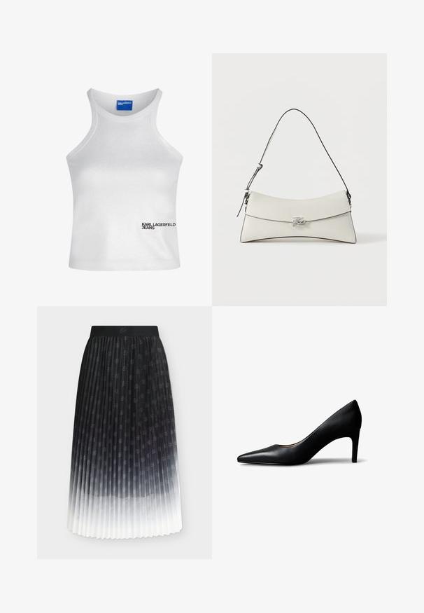 Λευκό αμάνικο crop top με ψηλό λαιμό και λογότυπο "Karl Lagerfeld Jeans" κάτω δεξιά μπροστά.; Φούστα ομπρέ με πιέτες σε ασπρόμαυρο, με διακριτικό διάσπαρτο λουλουδάτο σχέδιο και μαύρη ενιαία μέση.; Γυναικεία γόβα από μαύρο δέρμα με μυτερή μύτη και μεσαίο τακούνι, απεικονισμένη από το πλάι σε λευκό φόντο.; Λευκή δερμάτινη τσάντα ώμου με καμπύλο καπάκι, μαύρο περίγραμμα, ρυθμιζόμενο λουρί και ασημένιο διακοσμητικό κούμπωμα σε μονόχρωμο φόντο.