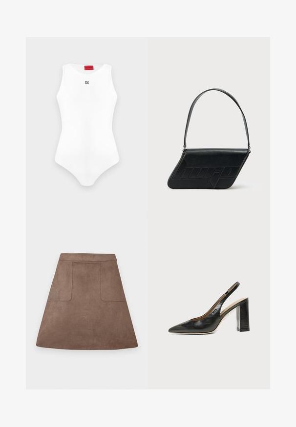 Body ajustado sin mangas blanco con escote redondo y pequeño logo negro "HUGO" en el pecho, etiqueta de marca roja en el interior del cuello.; Falda A-line de ante marrón con una textura suave, que presenta dos bolsillos frontales y una cinturilla sin costuras, diseñada para una longitud por encima de la rodilla.; Zapato slingback de piel negra con puntera puntiaguda, tacón alto y ancho, y forro interior beige sobre un fondo claro y liso.; Bolso de hombro de cuero negro con forma triangular, logo en relieve y una sola correa ajustable. Diseño minimalista con textura suave.