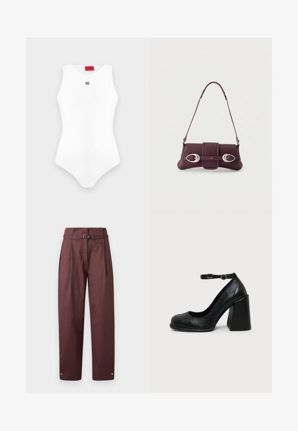 Body ajustado sin mangas blanco con escote redondo y pequeño logo negro "HUGO" en el pecho, etiqueta de marca roja en el interior del cuello.; Pantalones de pierna ancha color burdeos hechos de algodón, con un cinturón en la cintura, frente plisado y snaps en los puños del tobillo. Textura suave, diseño minimalista.; Zapato negro de cuero con tacón alto, punta redondeada y correa ajustable en el tobillo con hebilla dorada sobre fondo liso claro.; Bolso de hombro de cuero púrpura oscuro con hebillas ovaladas plateadas y el logo "HUGO" en la solapa frontal, correa delgada, diseño minimalista.