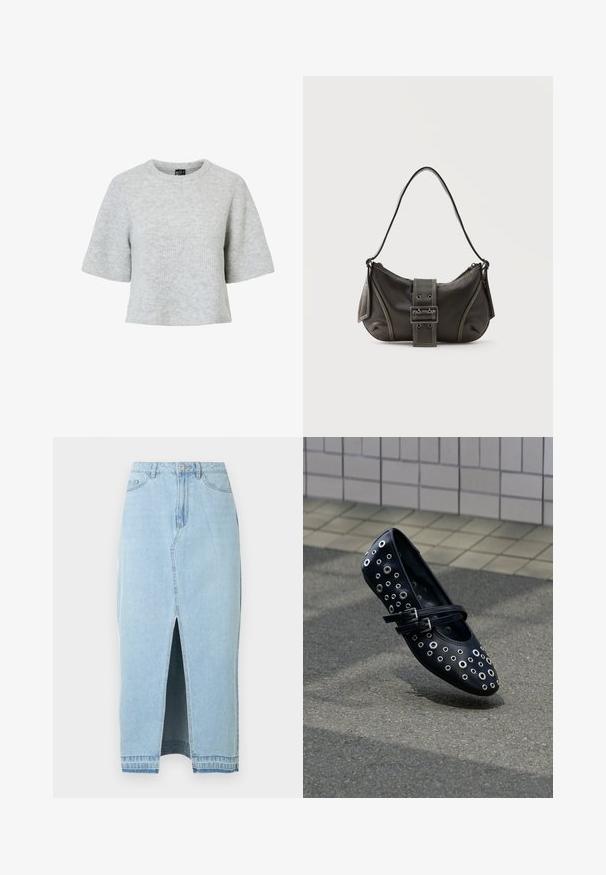Grå kortærmet trøje lavet af tekstureret strikket stof med rund halsudskæring og et cropped design. Ingen synlige mønstre eller detaljer.; Denimnederdel i lyseblå med en frontslids og en linning. Har traditionelt design med fem lommer og lukning med metal knap.; Sort flad lædersko med cirkulære udskæringer og dekorative nitter. Har justerbar dobbeltrem og afrundet tå-design.; Sort læder skuldertaske med spænde på remmen, afrundede kanter og kontrasterende hvide syninger på en ensfarvet baggrund.