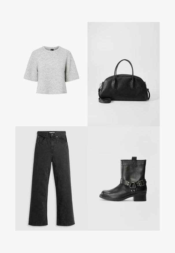 Grå kortærmet trøje lavet af tekstureret strikket stof med rund halsudskæring og et cropped design. Ingen synlige mønstre eller detaljer.; Sorte denim bukser med vid ben og høj talje, fem lommer og metalknaplukning. Stoffet har en glat, let falmet tekstur.; Samsøe Samsøe SABRENTA - Cowboy- / bikerstøvlette - black; Sort læder håndtaske med rund form, dobbelte top håndtag, tekstureret overflade og aftagelig skulderrem. To hexagonale detaljer på siderne.