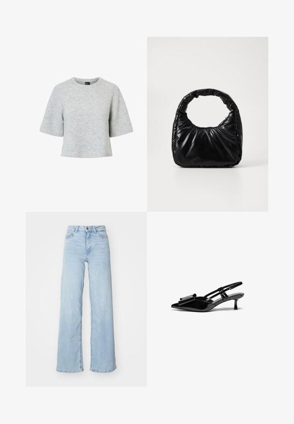 Suéter gris de manga corta hecho de tela de punto texturizada, con escote redondo y diseño corto. Sin patrones ni detalles visibles.; Jeans de mezclilla de pierna ancha en azul claro. Presentan una cintura alta, cierre delantero con botón y dos bolsillos. Textura suave con un leve desgaste.; Zapatos de tacón slingback de charol negro con punta afilada, detalle de lazo en el frente y un pequeño tacón de aguja. Las correas tienen hebillas ajustables.; Bolso negro acolchado con un asa redondeada, que presenta una superficie lisa y brillante y una textura suave y acolchada. Sin herrajes ni acentos visibles.