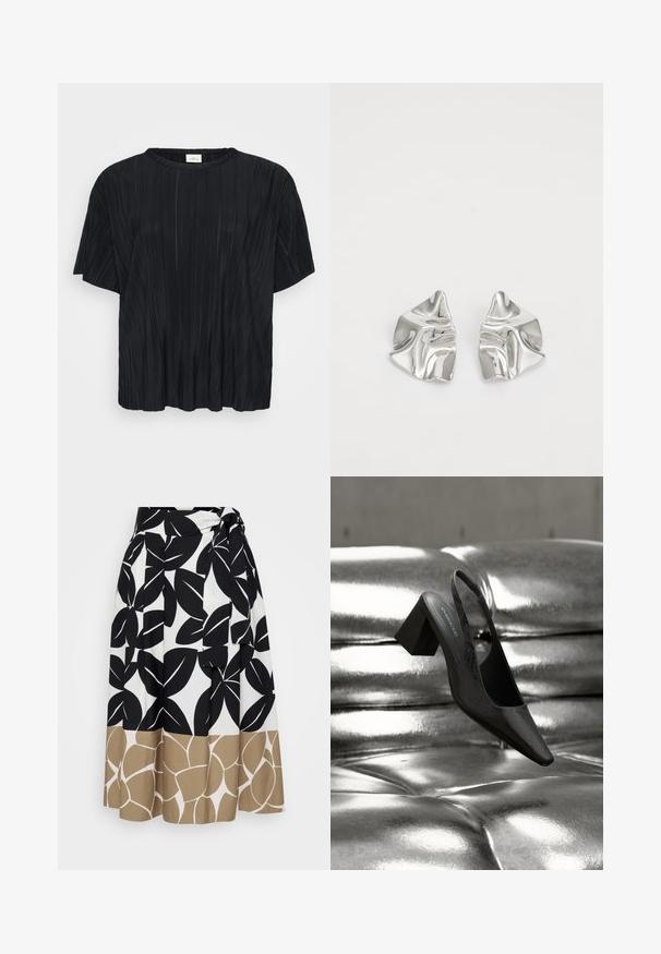 Sort, kortærmet top med en blød plisseret tekstur og en rund halsudskæring, vist mod en hvid baggrund.; Persona by Marina Rinaldi ZENITH - Maxinederdele - verde kaki; Sort slingback-hæl med spids tå, der har en tekstureret overflade og en chunky blokhæl. Lagt mod en skinnende, metallisk baggrund.; Sølvmetal øreringe med et bølgende, skulpturelt design, der har en poleret overflade og uregelmæssige former, hvilket fremhæver en moderne æstetik.