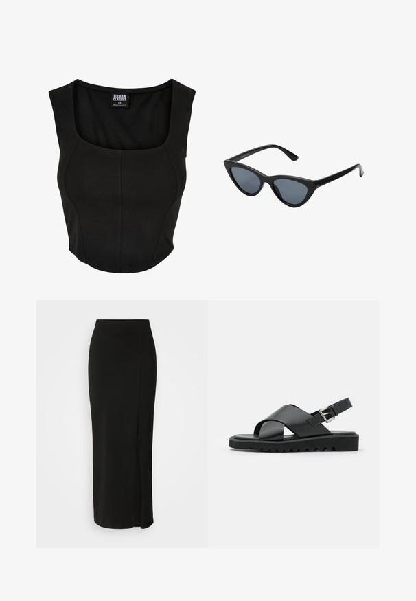 Top corto negro de tirantes con escote redondeado, hecho de una tela suave y elástica. Presenta un diseño ajustado y costuras mínimas.; Falda negra hasta la rodilla, hecha de un tejido suave y elástico. Cuenta con una cinturilla ajustada y una abertura lateral para mayor libertad de movimiento.; Sandalias de cuero negras con diseño de tiras cruzadas, hebilla ajustable y suela texturizada con estrías para un mejor agarre.; Gafas de sol negras en forma de ojo de gato con lentes gris oscuro, marco de plástico elegante, esquinas puntiagudas y patillas rectas. Sin herrajes ni acentos visibles.