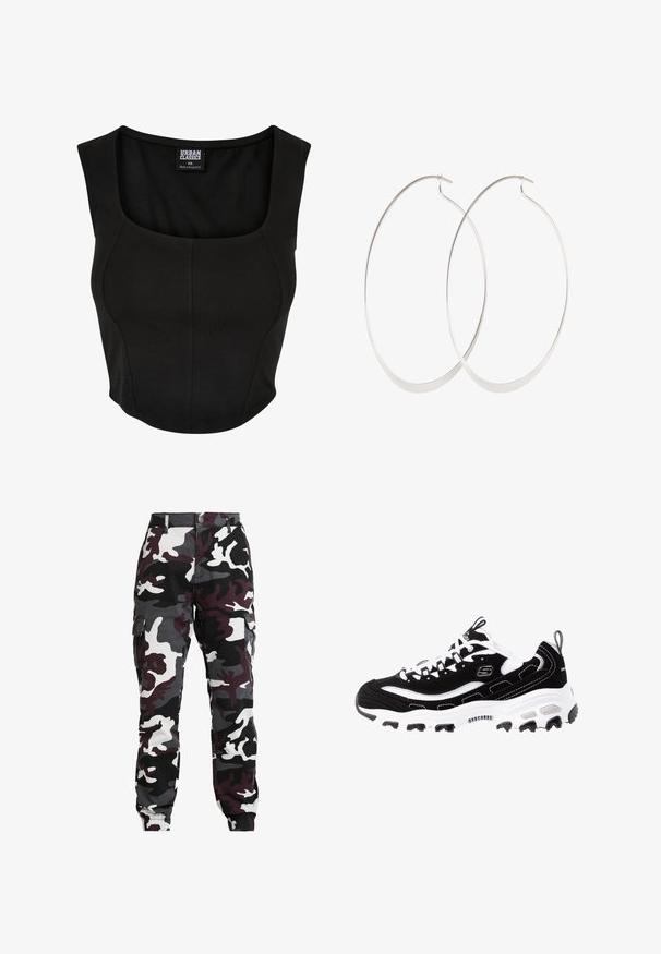 Sort cropped tank top med rund halsudskæring, lavet af glat, strækbart stof. Har et tætsiddende design og minimale sømme.; Camo cargo bukser med en blanding af sort, hvid, grå og burgunderfarver, elastiske manchetter og sidelommer for ekstra funktionalitet.; Sort og hvid atletisk sko med overdel i ruskind, polstret krave og let sål. Har fremtrædende logo og kontrasterende syninger.; Sølv hoops øreringe med et tyndt, glat design; langstrakt oval form; poleret finish; har en sikker krog lukning.