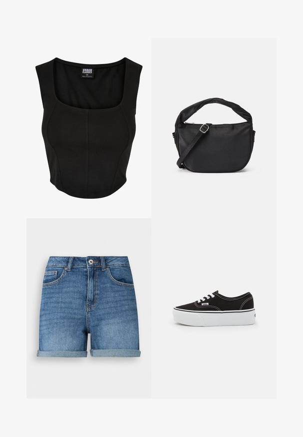 Musthave mustrõnga kaelusega must lühike top, valmistatud siledast ja elastsetest kangast. Omab figuuri järgi lõigatud disaini ja minimaalsete õmblustega.; Sinised teksapüksid ülesrullitud äärega, ees nööbi ja tõmblukuga sulgemine, vööaasad ning esik-t ja münditaskuga.; Must musta tennis jalanõud valge kummi platvormi tallaga, valgete paelte ja õmblustega, ikoonilise kaubamärgiga küljes, madala lõikega disain.; Must mustra kott, millel on keerdkäepide, eemaldatav rihm ja lukuga pealmine sulgur. Sile tekstuur ja minimalistlik disain.