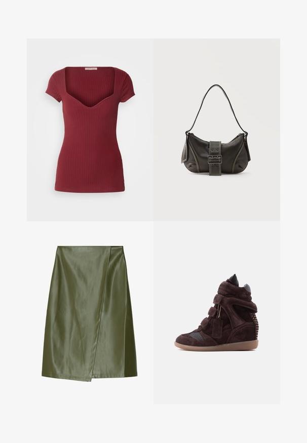 Top bordeaux côtelé au design ajusté, à manches courtes et décolleté en V profond. Fabriqué en tissu doux, avec une texture lisse.; Jupe mini en simili cuir vert olive avec un design en enveloppe diagonal, texture lisse et coutures soignées le long des bords.; Baskets compensées montantes en daim brun foncé avec bandes auto-agrippantes, orteil perforé, semelle en caoutchouc, talon clouté et étiquette de marque sur le côté.; Sac à épaule en cuir noir avec une sangle à boucle, des bords arrondis et des coutures blanches contrastées sur un fond uni.