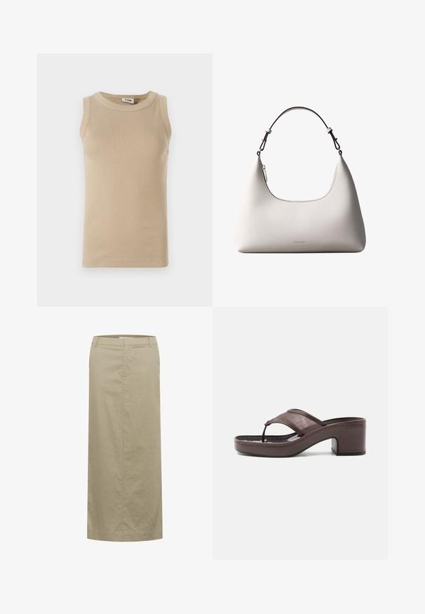 Beige ærmeløs top lavet af ribbet stof med rund hals, der har tonale stikninger og en tætsiddende design.; Beige linned midi nederdel med en flad talje, sidelommer og en lige silhuet, der har minimal syning og ingen synlig hardware.; Brun sandal med hæl med mesh-rem og tæst design, med blokhæl og syet sål, vist i profil mod hvid baggrund.; Cremefarvet skuldertaske i læder fra Calvin Klein med buet topkant, sølvfarvet lynlås og mørkebrun justerbar rem.