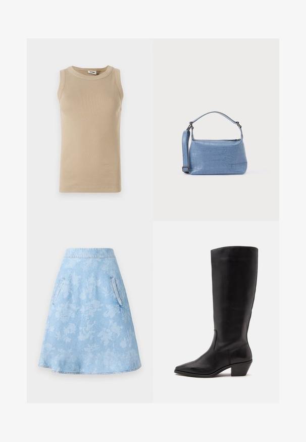 Beige ærmeløs top lavet af ribbet stof med rund hals, der har tonale stikninger og en tætsiddende design.; Denim A-linje nederdel i lys blå med subtilt blomstermønster, som har to sidelommer og en glat, kantet finish.; Sort læderstøvle til midtkalv med spids tå og lavt skråt hæl på en enkel lys baggrund.; Lyseblå taske med krokodillepræg, kort håndtag og aftagelig skulderrem. Glat tekstur med lynlås.