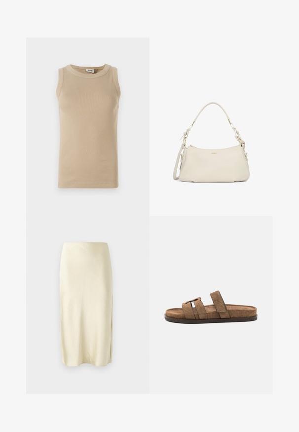 Top sans manches beige en tissu côtelé avec un col rond, présentant des coutures ton sur ton et un design ajusté.; Jupe midi en satin jaune pâle avec une texture lisse, présentant une fente latérale et un design à coupe droite. Silhouette simple et élégante.; Tory Burch SLIDE - Mules - river rock; Sac à main en cuir couleur crème avec une anse supérieure incurvée, une bandoulière réglable, des ferrures dorées et un petit logo au centre avant.