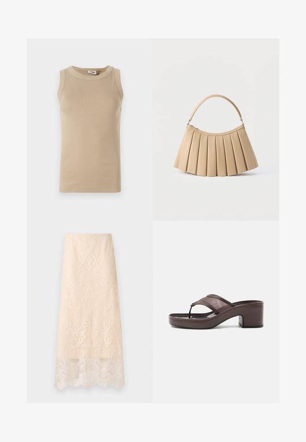 Top sans manches beige en tissu côtelé avec un col rond, présentant des coutures ton sur ton et un design ajusté.; Jupe midi couleur crème avec une superposition en dentelle florale complexe et un ourlet festonné, présentée à plat sur un fond blanc.; Sandale marron à talon avec lanière en mesh et design en tige, dotée d'un talon bloc et d'une semelle cousue, présentée de profil sur fond blanc.; Sac à main plissé beige avec fermeture éclair incurvée en haut et poignée arquée simple, présenté sur un fond blanc.