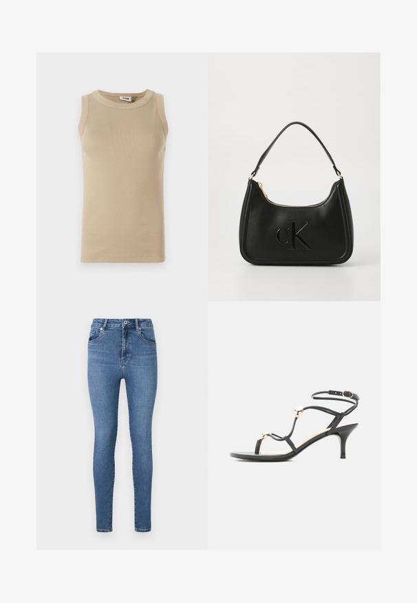 Top sin mangas beige fabricado con tejido acanalado, con cuello redondo, con costuras tonales y un diseño ajustado.; Jeans ajustados de mezclilla azul medio, con una cintura alta, diseño de cinco bolsillos y un sutil detalle de costura en los bolsillos y costuras.; Sandalia negra con tiras, tacón medio, cuentas doradas de acento y una correa en el tobillo con hebilla sobre fondo blanco.; Bolso de mano de cuero negro con forma curva, que presenta una cremallera dorada y un sutil logo "cK" en relieve. Textura suave y un solo asa.