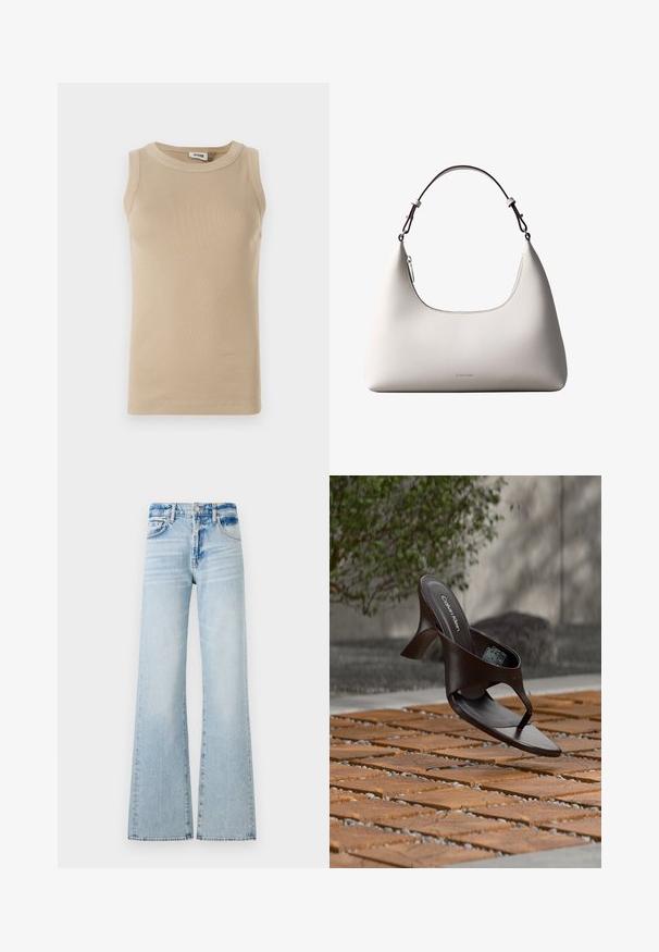 Beige ærmeløs top lavet af ribbet stof med rund hals, der har tonale stikninger og en tætsiddende design.; Lyseblå bredbenede jeans lavet af denim, med en mellemhøj talje, fem lommer og kontrastsyninger med en falmet finish.; Brun Calvin Klein hælet thong sandal svævende over træflise og grus udendørs med sløret grønt og stenmur i baggrunden.; Cremefarvet skuldertaske i læder fra Calvin Klein med buet topkant, sølvfarvet lynlås og mørkebrun justerbar rem.