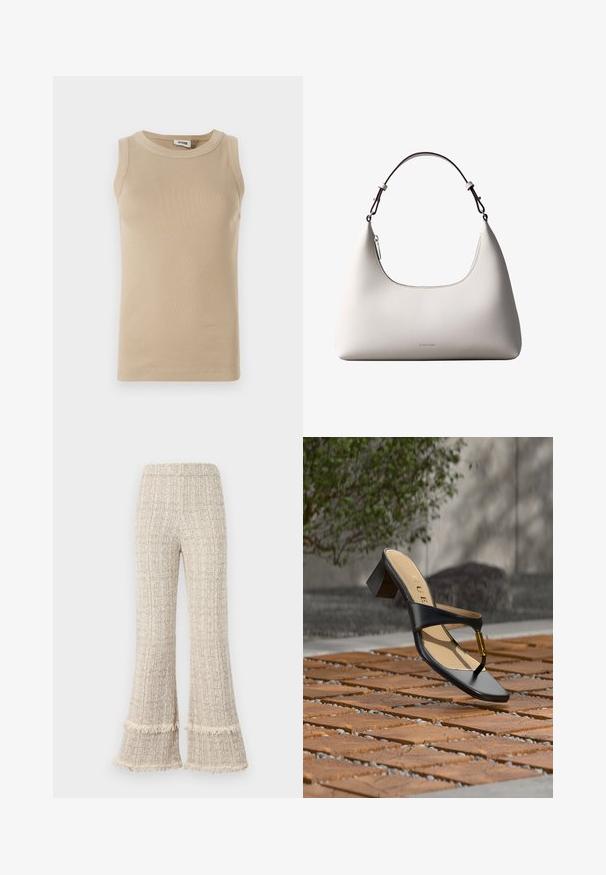 Top sans manches beige en tissu côtelé avec un col rond, présentant des coutures ton sur ton et un design ajusté.; Pantalons larges en tissu beige texturé, avec des ourlets frangés et une taille haute. Le design offre une coupe décontractée et un ample tombé.; Sandale noire à talon avec boucle pour l'orteil et accent doré, placée sur une surface pavée en bois et pierre en extérieur près de la verdure.; Sac à bandoulière en cuir couleur crème de Calvin Klein avec bord supérieur incurvé, fermeture éclair argentée et sangle ajustable brun foncé.
