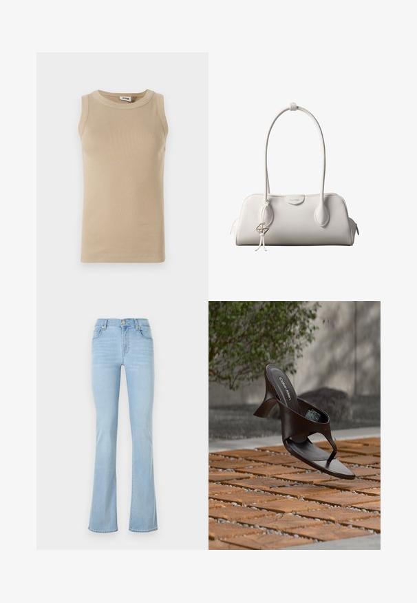 Top sans manches beige en tissu côtelé avec un col rond, présentant des coutures ton sur ton et un design ajusté.; Jeans évasés bleu clair en denim, présentant une taille haute, cinq poches, un bouton à l'avant et des détails de couture minimaux.; Sandale à talon marron Calvin Klein suspendue au-dessus d'un sol extérieur en dalles de bois et gravier avec un arrière-plan flou de verdure et de pierres.; Sac à bandoulière blanc Calvin Klein avec longues poignées, forme rectangulaire, fermeture éclair et charm logo décoratif suspendu près de la poignée.