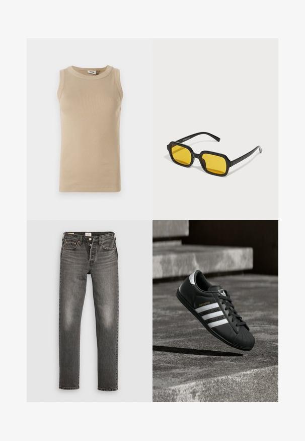 Top sans manches beige en tissu côtelé avec un col rond, présentant des coutures ton sur ton et un design ajusté.; Jean en denim gris avec une coupe droite, texture usée, décoloration subtile, rivets en cuivre et une fermeture à bouton classique.; Baskets Adidas Superstar noires avec des bandes blanches et le texte doré "SUPERSTAR" flottant au-dessus d'une surface en béton près des escaliers.; Lunettes de soleil rectangulaires noires avec des verres jaunes. Les caractéristiques incluent des montures épaisses et un design anguleux avec une finition lisse et brillante.