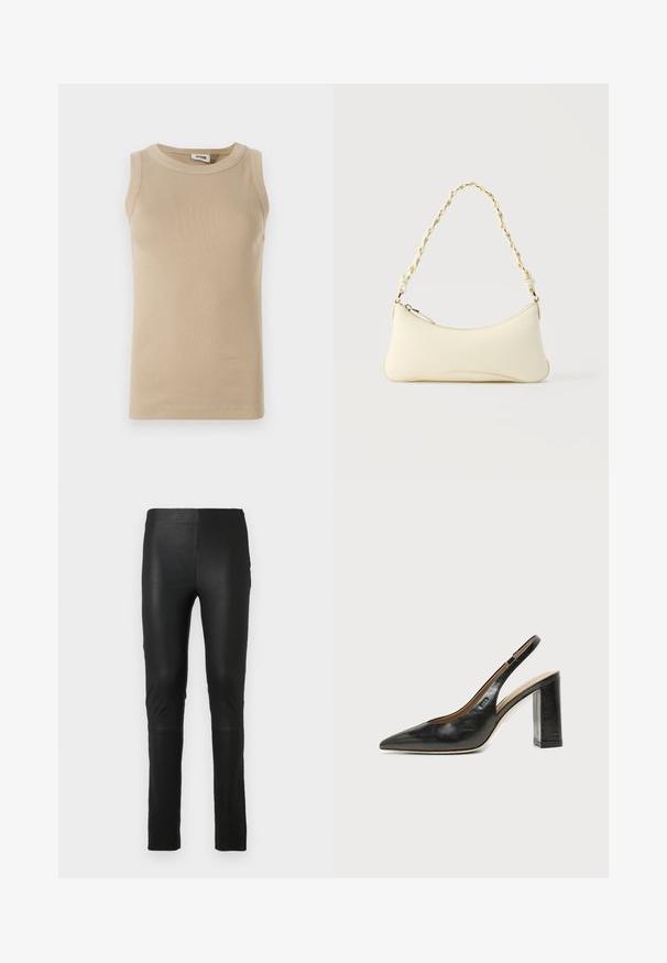 Top sans manches beige en tissu côtelé avec un col rond, présentant des coutures ton sur ton et un design ajusté.; Leggings noirs en tissu lisse et extensible. Design ajusté avec une texture douce. Présente des détails de couture au niveau des genoux.; Chaussure slingback en cuir noir à bout pointu avec un talon bloc haut et une doublure intérieure beige sur un fond clair uni.; Petit sac à main couleur crème avec une forme incurvée et une poignée en chaîne torsadée ton or, fermeture éclair sur le dessus