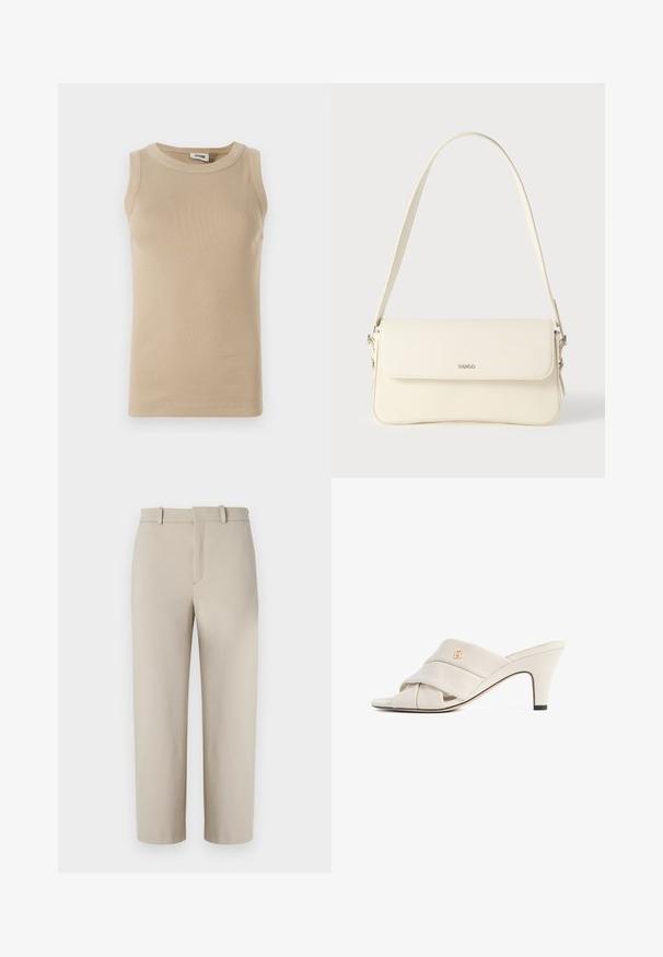 Beige ærmeløs top lavet af ribbet stof med rund hals, der har tonale stikninger og en tætsiddende design.; Beige cropped bukser, skræddersyet design, flad foran med skjult lynlås, to sidelommer, lavet af glat bomuldsblandet stof.; Beige højhælede mules med et snoet læderstropdesign, åben tå og præget logoaccent. Hælen har en sort spidsdetalje.; Cremefarvet læder skuldertaske med flaplukning, sølvfarvet beslag, en enkelt justerbar rem og diskrete logodetaljer.