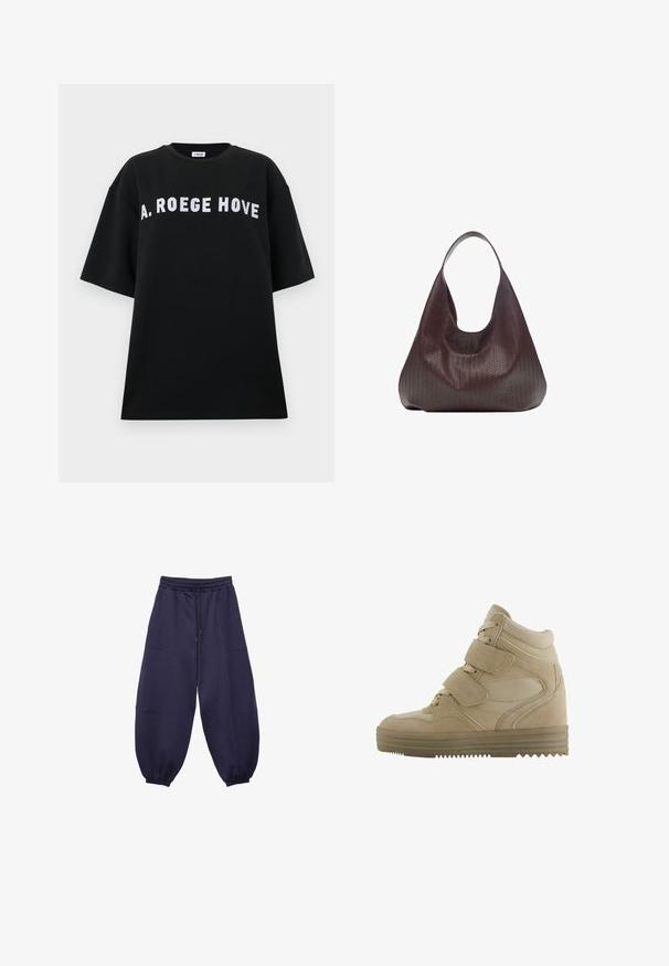 Schwarzes übergroßes T-Shirt aus Baumwolle mit kurzen Ärmeln und weißem Blockschriftzug "A. ROEGE HOVE" auf der Brust.; Marineblaue Jogginghosen mit Kordelzug, elastischem Bund und Bündchen, mit lockerem Balloon-Schnitt und sichtbaren Nahtdetails.; Beige High-Top-Sneaker mit einem Design aus Wildleder und Mesh, verstellbaren Klettverschlüssen und einer dicken Gummisohle mit einem Zickzack-Muster.; Braune geflochtene Leder-Hobo-Tasche mit einem einzelnen Schulterriemen und einer lässigen, geschwungenen Form vor weißem Hintergrund.