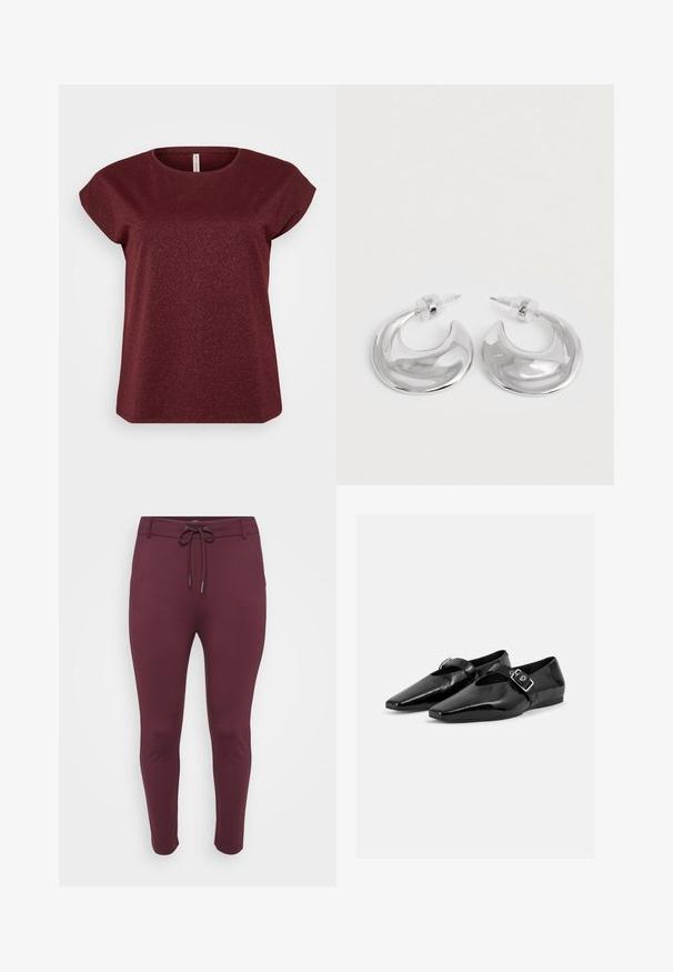 Bordeaux korte mouwen top met een ronde halslijn, gemaakt van een textuurstof met subtiele glinsterende accenten. Strak, eenvoudig silhouet.; Bordeaux, stretchy broek met een trekkoordtailleband, met een aangesloten ontwerp en taps toelopende benen, gepresenteerd tegen een witte achtergrond.; Paar zwarte lakleren platte schoenen met puntige neuzen en een gespenriem over de bovenkant, getoond op een effen lichte achtergrond.; Een paar gepolijste zilveren halve maanvormige creolen met heldere plastic achterkanten op een witte ondergrond.