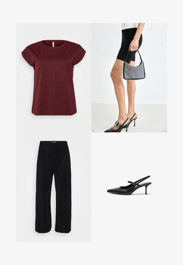 Bordeaux korte mouwen top met een ronde halslijn, gemaakt van een textuurstof met subtiele glinsterende accenten. Strak, eenvoudig silhouet.; Zwarte wijde geplooide broek gepresenteerd tegen een witte achtergrond, met een elastische tailleband. Ideaal voor casual of semi-formele kleding.; Zwarte leren slingback hakken met een puntige neus, slanke verstelbare band en een ongeveer 5 cm hoge stiletto hak, met een gladde textuur.; Zwarte beaded handtas met een gebogen silhouet, draaghandvat en glanzende textuur. Draagt bij hoge zwarte hakken en strakke zwarte shorts.